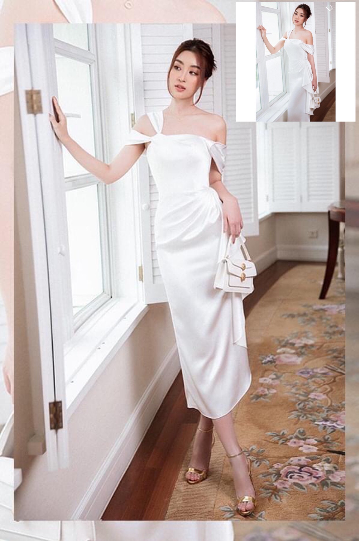 Đầm ôm body kiểu cúp ngực lệch vai phối bèo (Trắng)