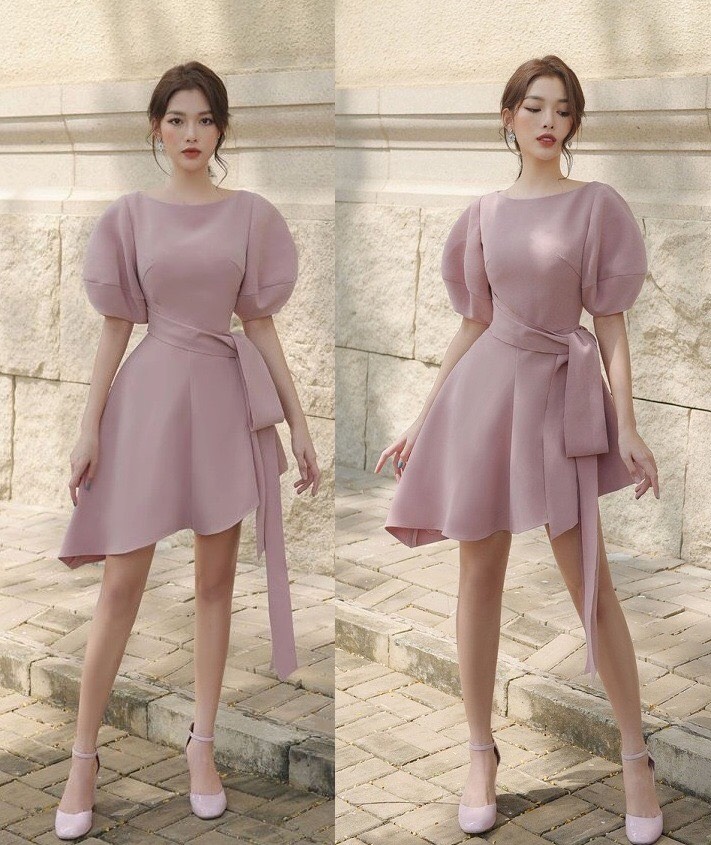 Đầm xòe kiểu tay con phồng xéo lai dây eo (Đen)