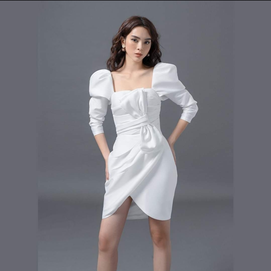 Đầm dáng ôm body tay phồng dài cúp ngực phối nơ đắp chéo tà (Trắng)