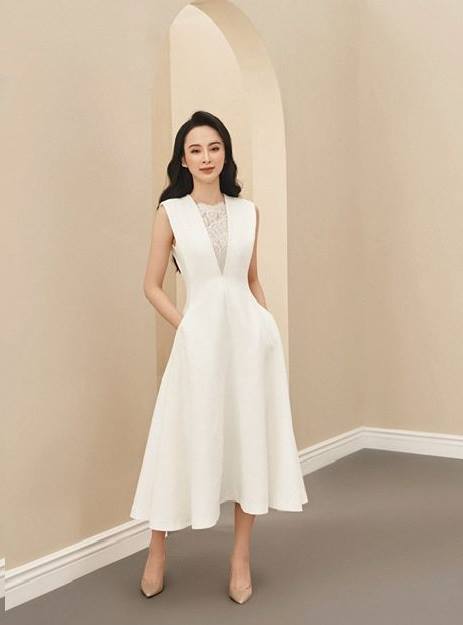 Đầm xòe kiểu sát nách phối ren 2 túi (Trắng)