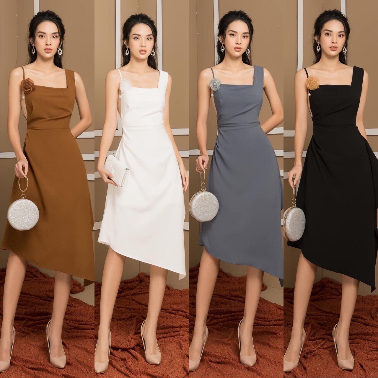 Đầm xòe kiểu 1 dây kèm hoa sang trọng (Trắng)