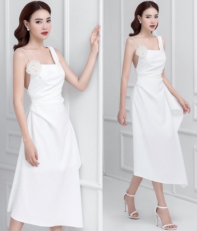 Đầm xòe kiểu 1 dây kèm hoa sang trọng (Trắng)