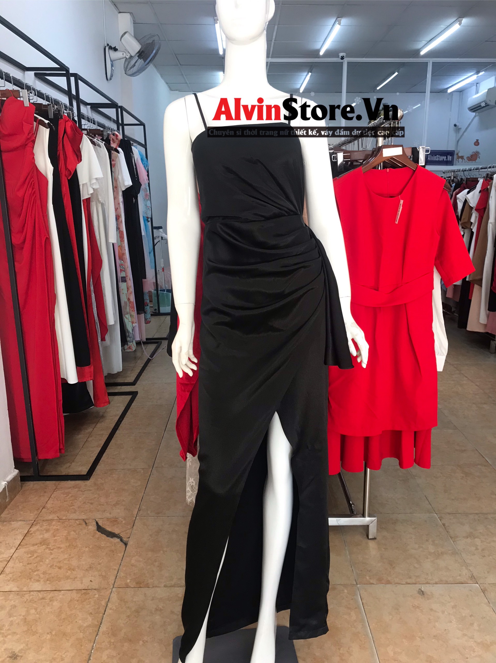 Đầm dạ hội kiểu 2 dây cúp ngực xẻ tà nơ eo sang trọng (Trắng)