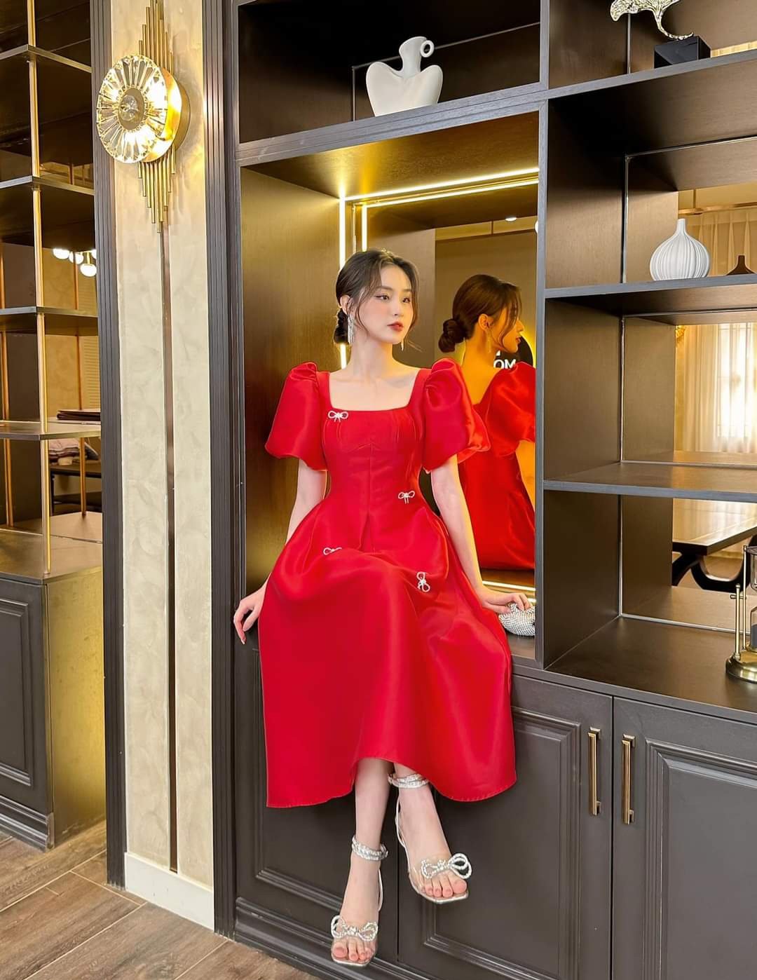 Đầm dự tiệc dáng xòe dài tay phồng đính nơ đá sang trọng Alvin Store 1604 (Đen)