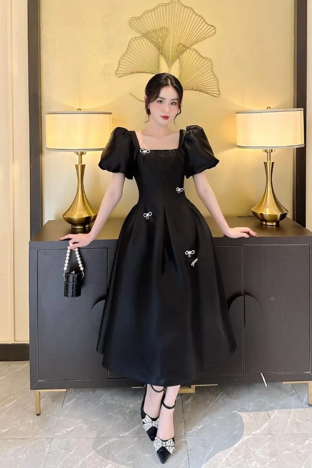 Đầm dự tiệc dáng xòe dài tay phồng đính nơ đá sang trọng Alvin Store 1604 (Đen)