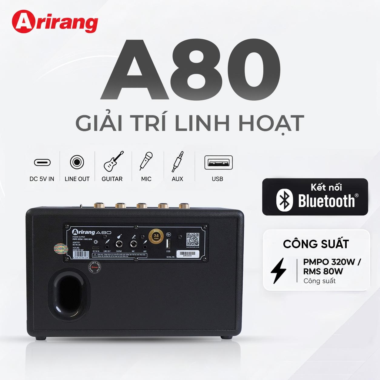 Các cổng Type-C, Line Out, Guitar, Mic, AUX và USB trên Arirang A80