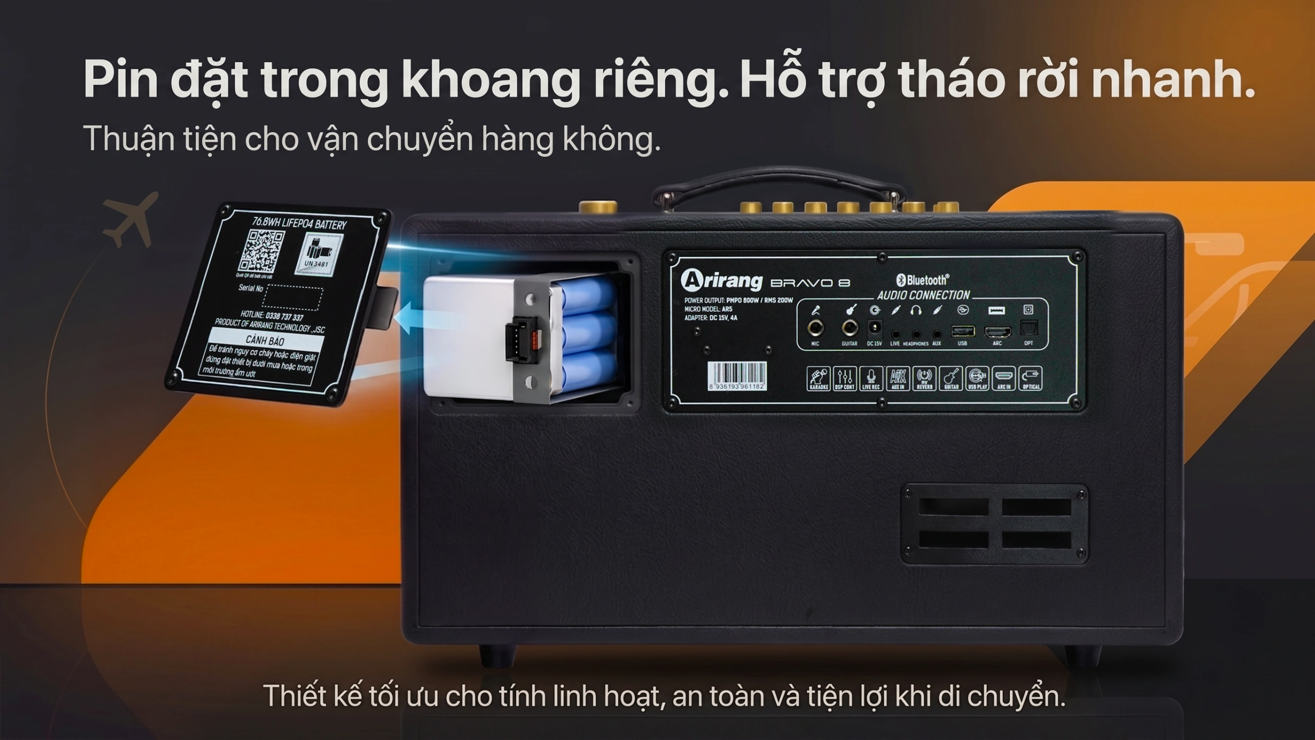 Khoang pin LiFePO4 tháo rời của loa Arirang BRAVO 8