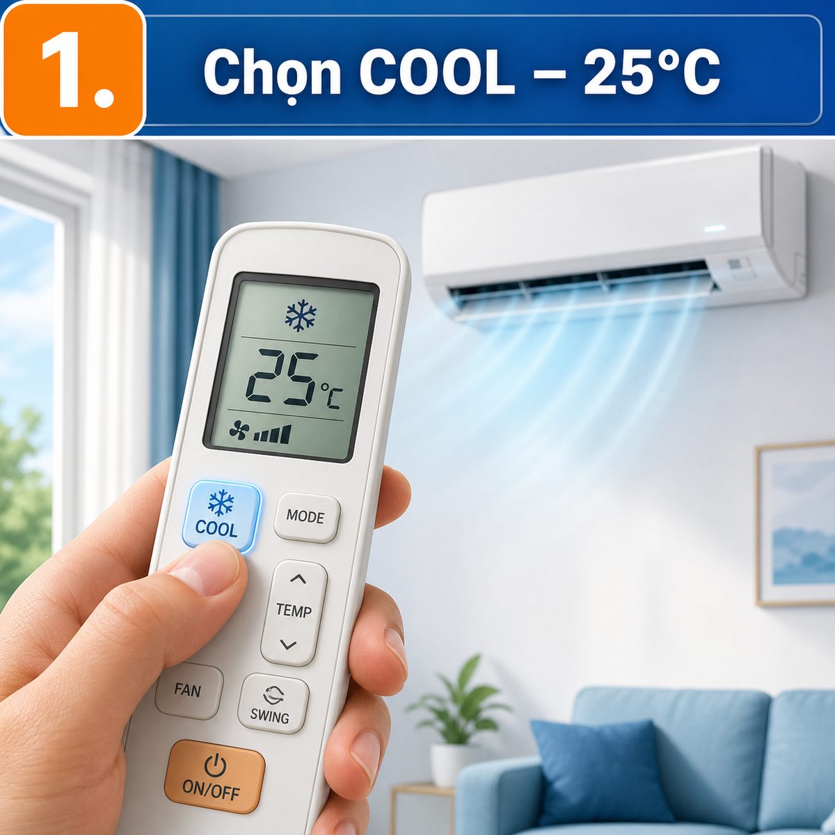 Chọn chế độ COOL và nhiệt độ 25 độ C khi máy lạnh không lạnh