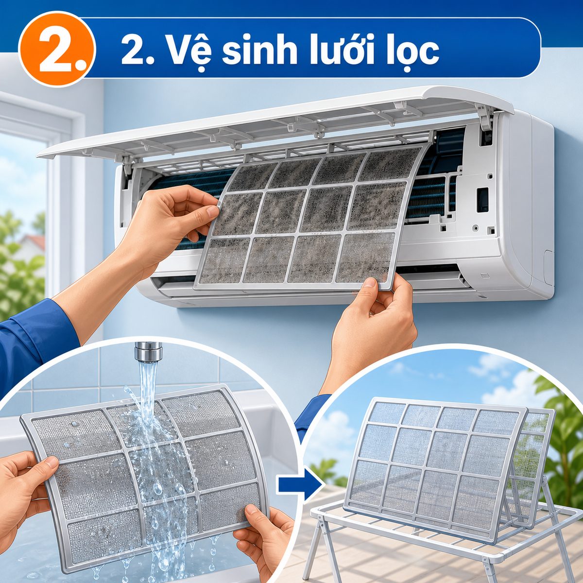 Vệ sinh lưới lọc dàn lạnh sạch sẽ