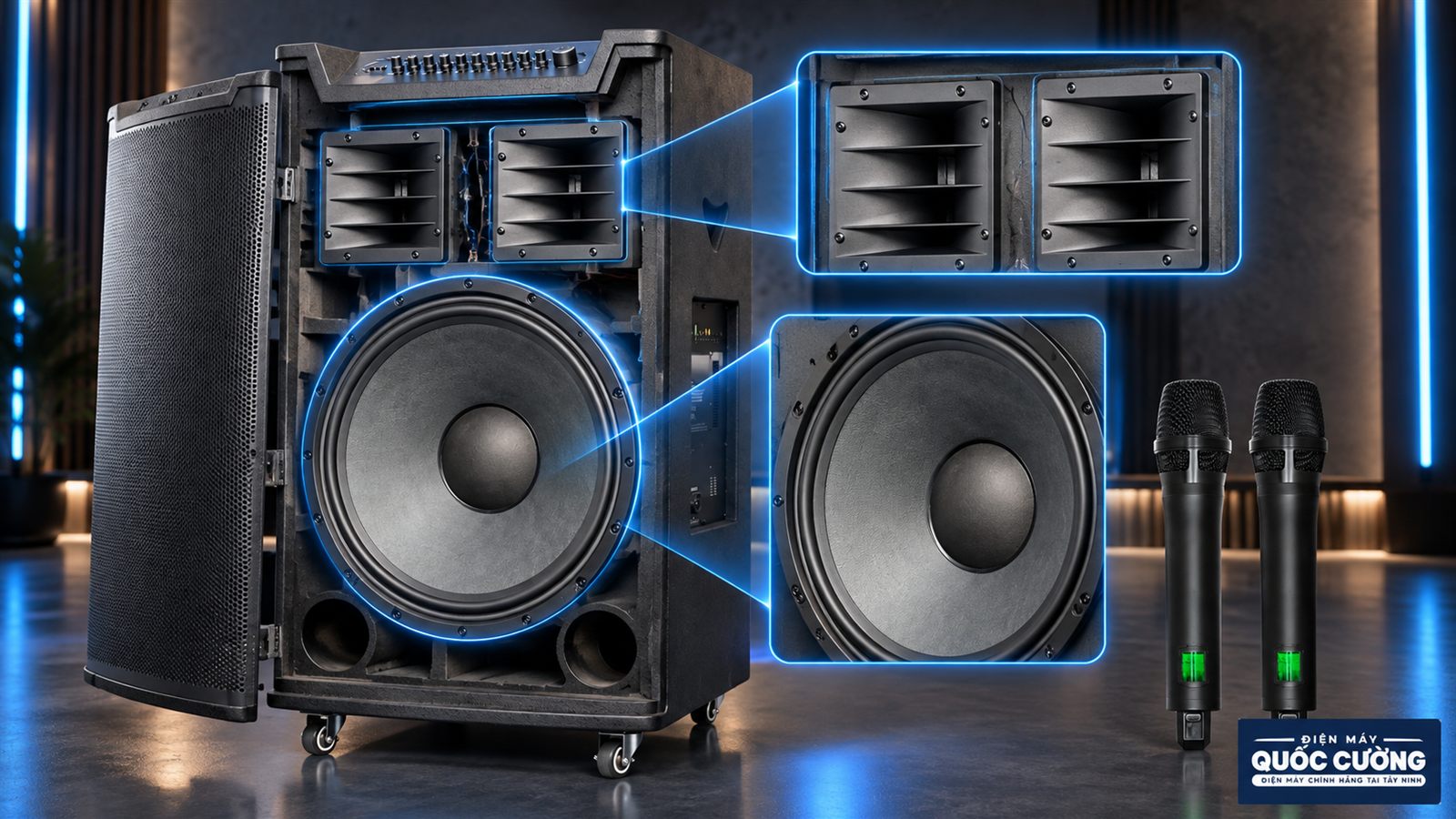 Bass 40 cm và hệ thống Dual Tweeter trên loa SONCAMEDIA TOP 430 MAX