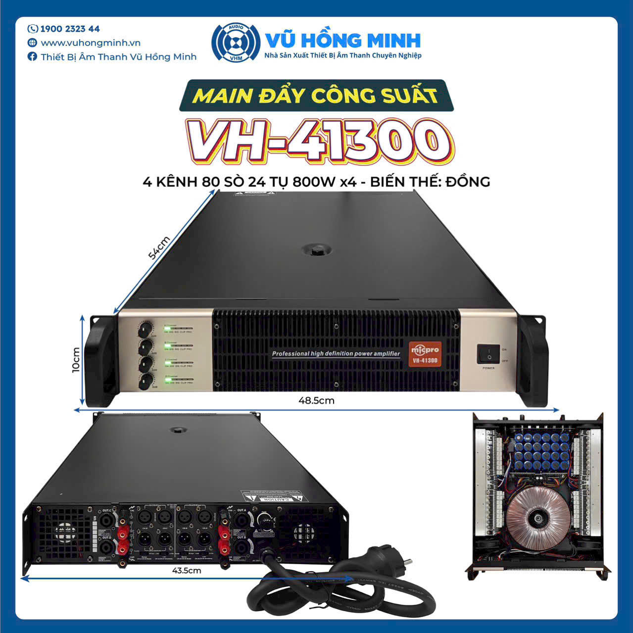 Ảnh giới thiệu VH-41300: mặt trước, mặt sau, 80 sò, 24 tụ, biến thế đồng và kích thước