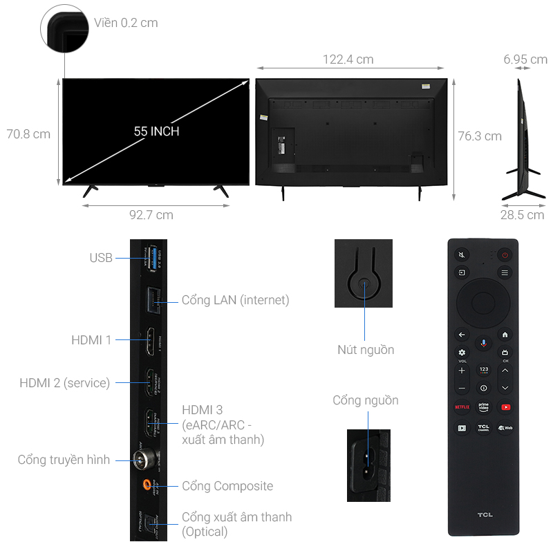 Google Tivi QLED TCL AI 4K 55 inch 55P7K
