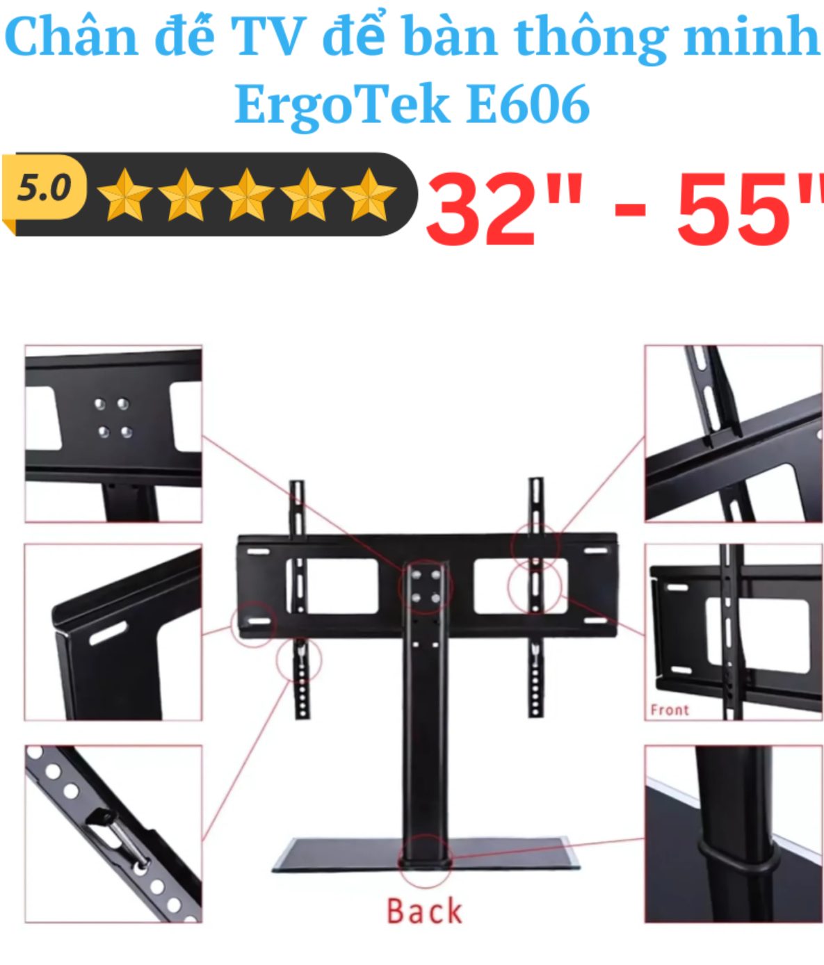 Chân đế TV để bàn đa năng ErgoTek E606 32″-55″ inch – Mặt Kính Cường Lực