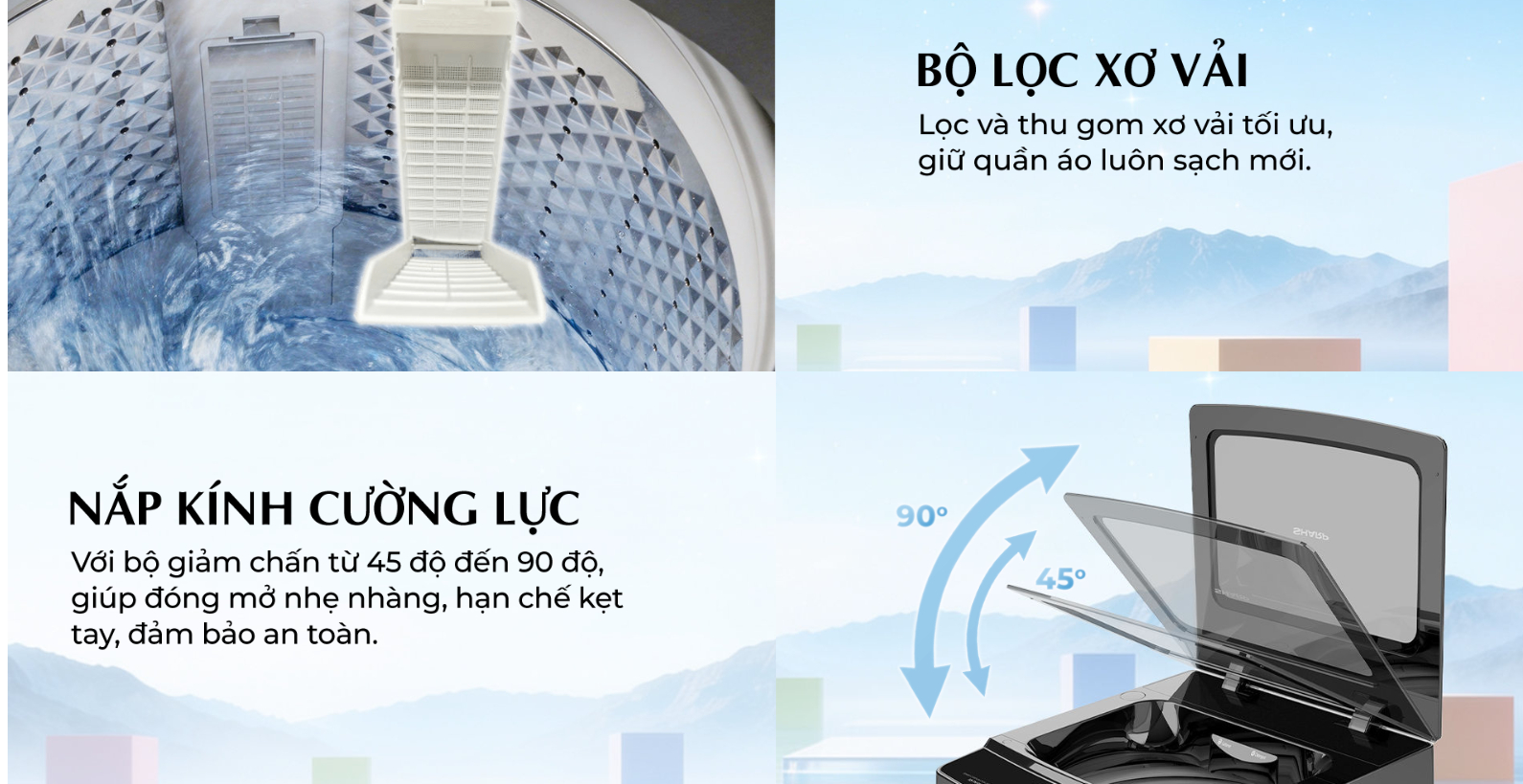 Bộ lọc xơ vải và nắp kính cường lực của Sharp ES-TN121EN-DG
