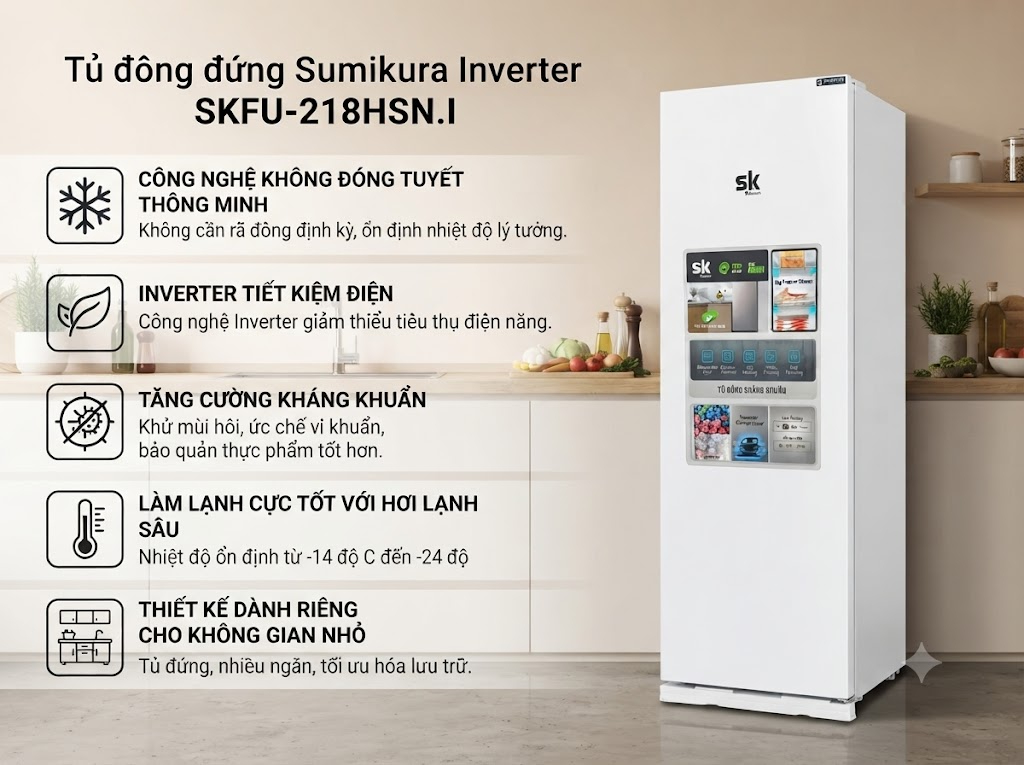 Tủ đông Sumikura SKFU-218HSN.I thiết kế 218 lít