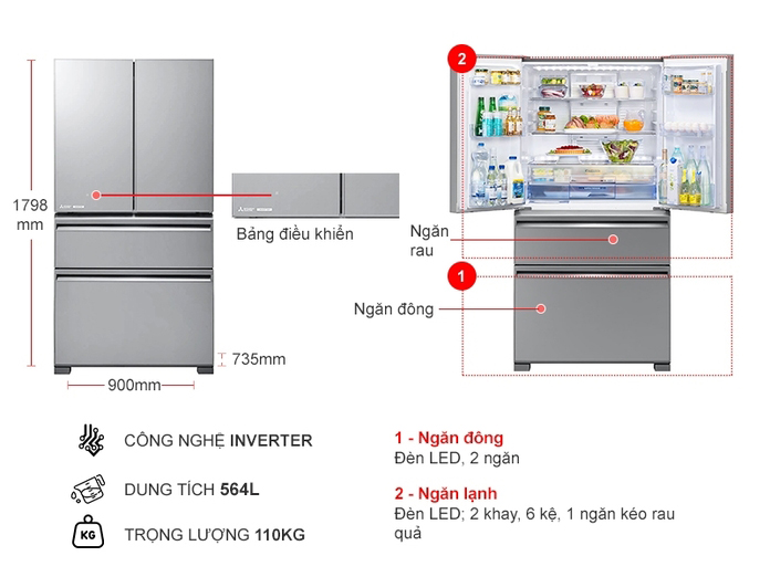 Tủ lạnh 4 cánh Mitsubishi MR-LX68EM-GSL-V (564 lít) - Thiết kế 4 cánh French Door hiện đại, thanh lịch, dung tích lớn