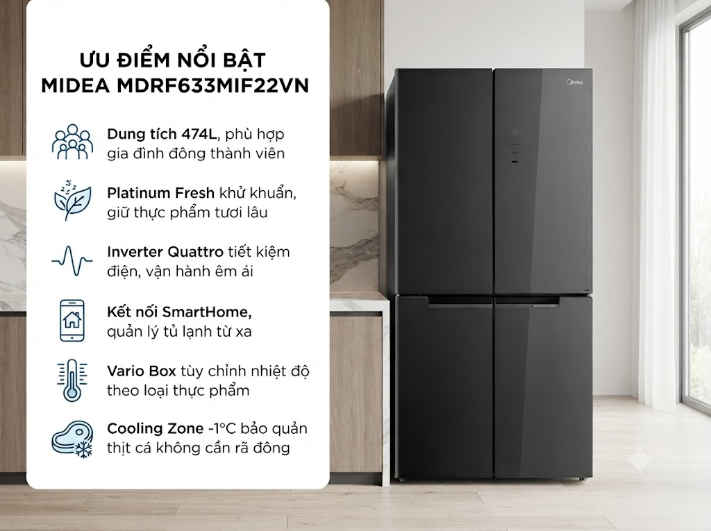 Tủ lạnh Multi door Midea Inverter 474 lít MDRF633MIF22VN - Dung tích 474 lít đáp ứng nhu cầu bảo quản đa dạng