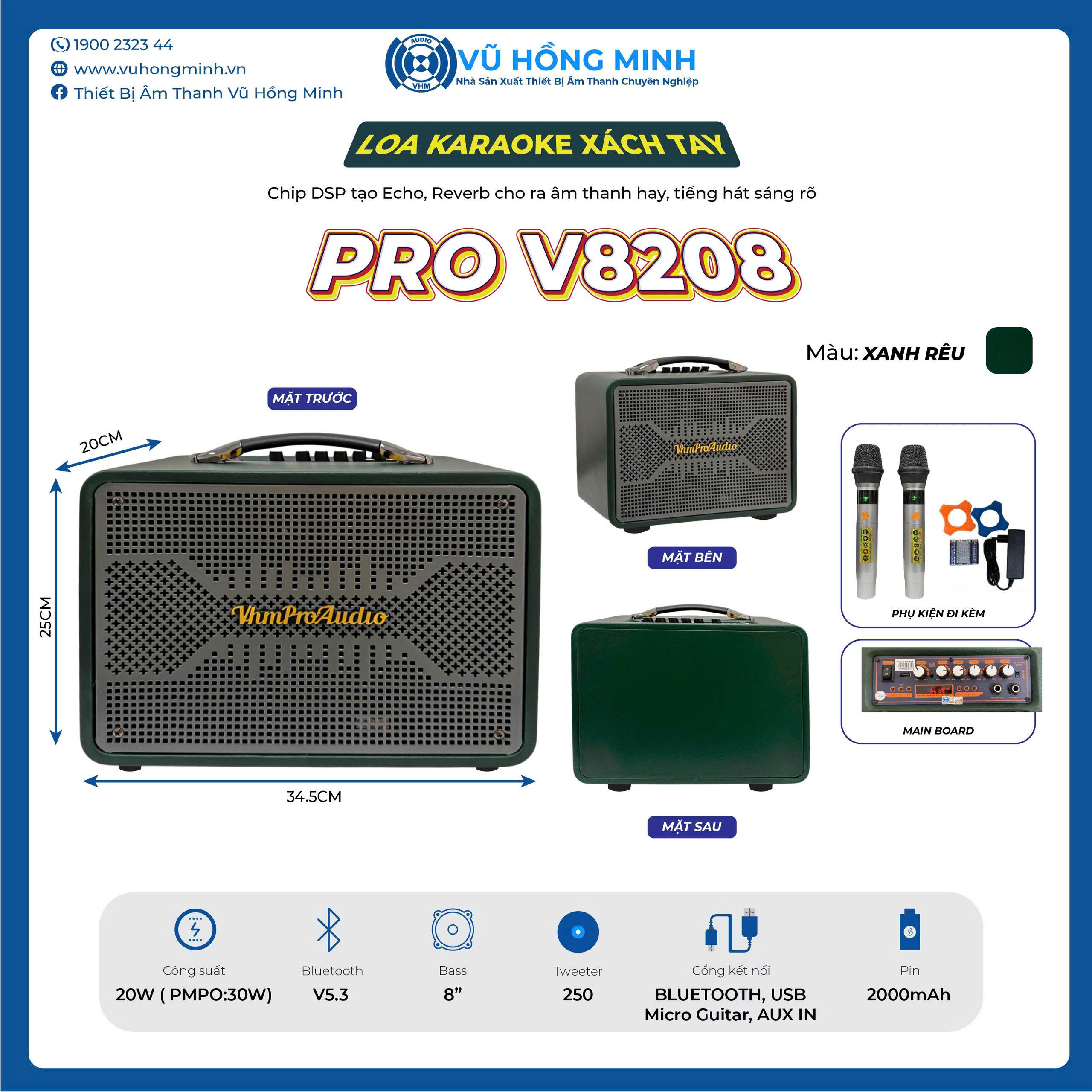 Loa karaoke xách tay VHM 8208 Bass 16cm 30W