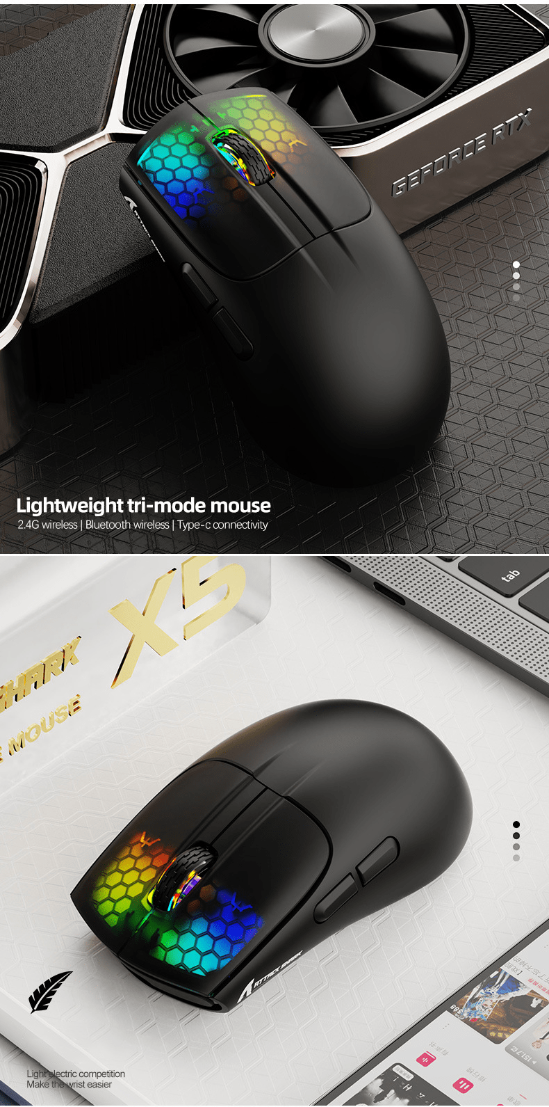 Chuột không dây ATTACK SHARK X5 kết nối 3 chế độ thiết kế chuột trọng lượng  siêu nhẹ kèm theo đèn led RGB và 5 mức độ DPI