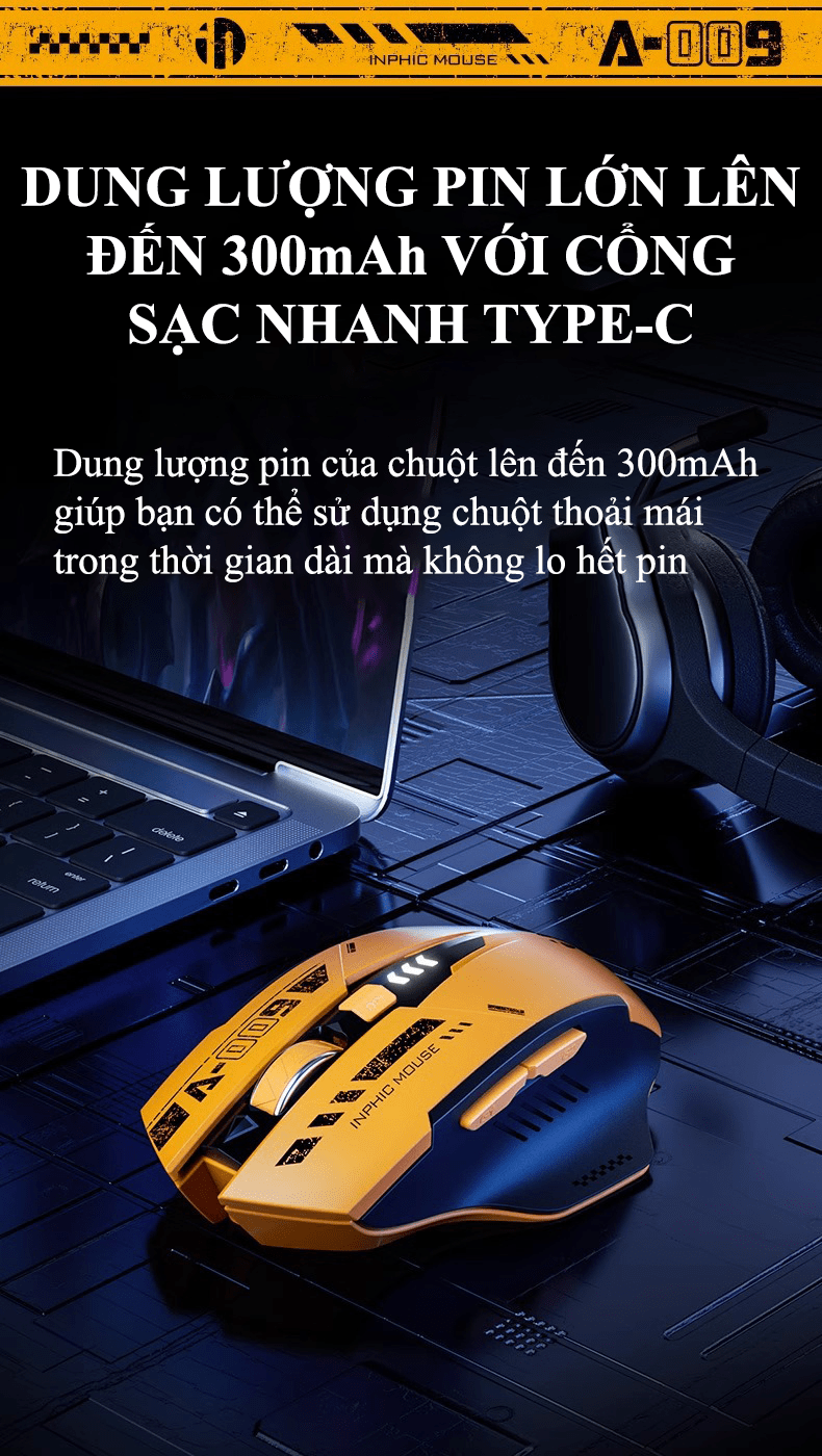 Chuột không dây INPHIC A9 sử dụng pin sạc kết nối Bluetooth và chip USB 2.4G thiết kế kiểu dáng xe đua cool ngầu dành cho game thủ (MÀU VÀNG ĐEN) |