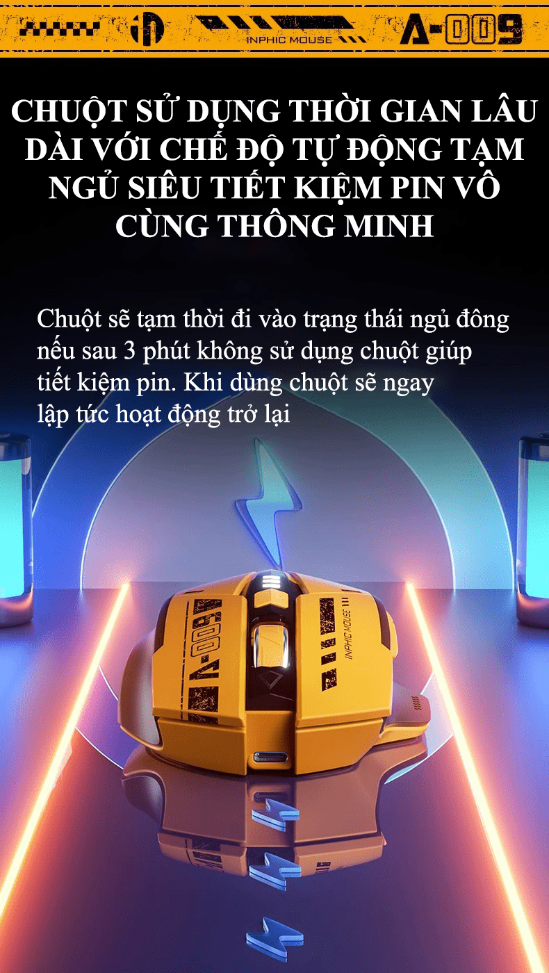Chuột không dây INPHIC A9 sử dụng pin sạc kết nối Bluetooth và chip USB 2.4G thiết kế kiểu dáng xe đua cool ngầu dành cho game thủ (MÀU VÀNG ĐEN) |