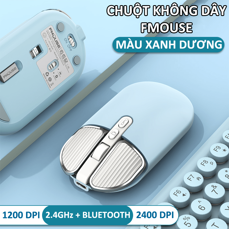 Chuột không dây FMOUSE M203 sạc pin siêu mỏng kết nối bluetooth và chip USB 2.4GHz dùng cho pc, laptop, tivi, điện thoại | Huy Long
