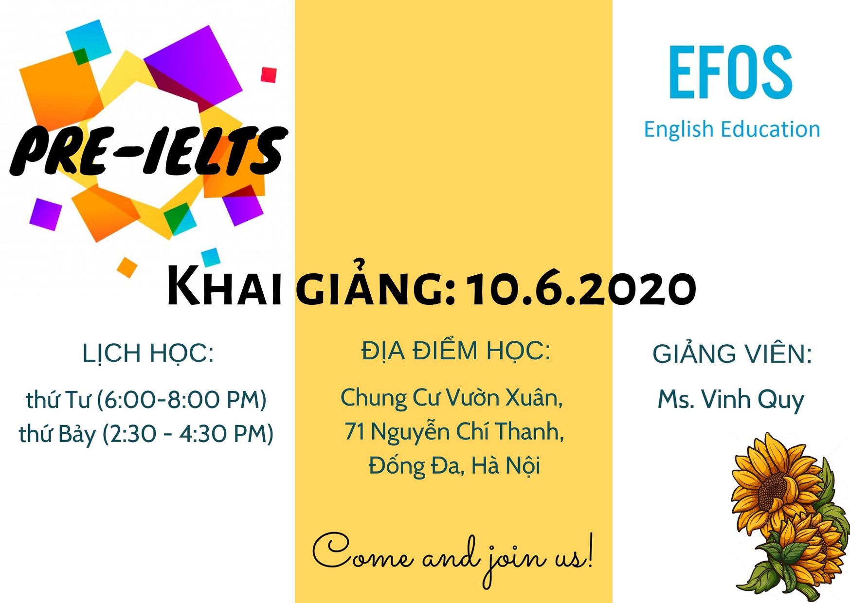 THÔNG BÁO LỊCH HỌC LỚP PRE-IELTS TẠI CƠ SỞ NGUYỄN CHÍ THANH