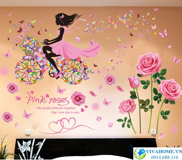 Decal dán tường Cô gái đạp xe hoa hồng