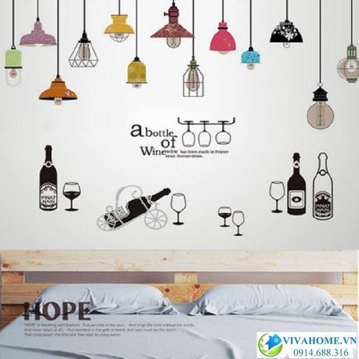 Decal dán tường Dây đèn màu Hope và kệ rượu