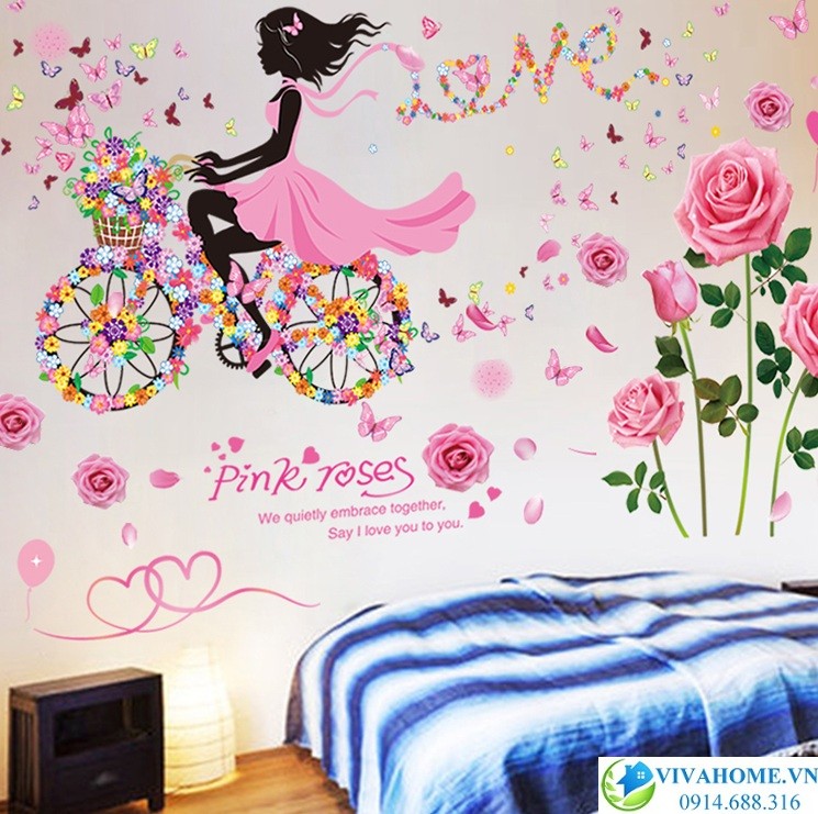 Decal dán tường Cô gái đạp xe hoa hồng
