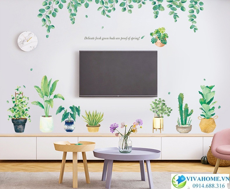 Decal dán tường Chậu cây xanh và tán lá