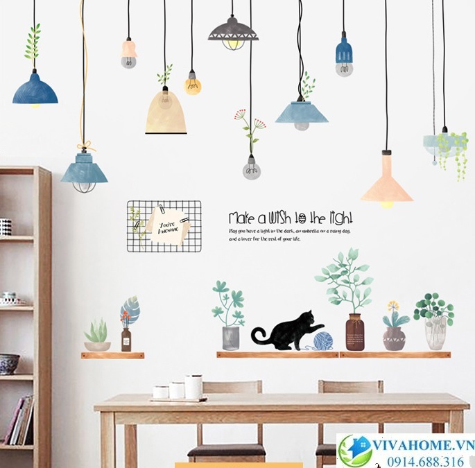 Decal dán tường Đèn và mèo nghịch cuộn len