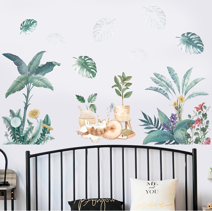 Decal dán tường Tán lá và mèo tinh nghịch
