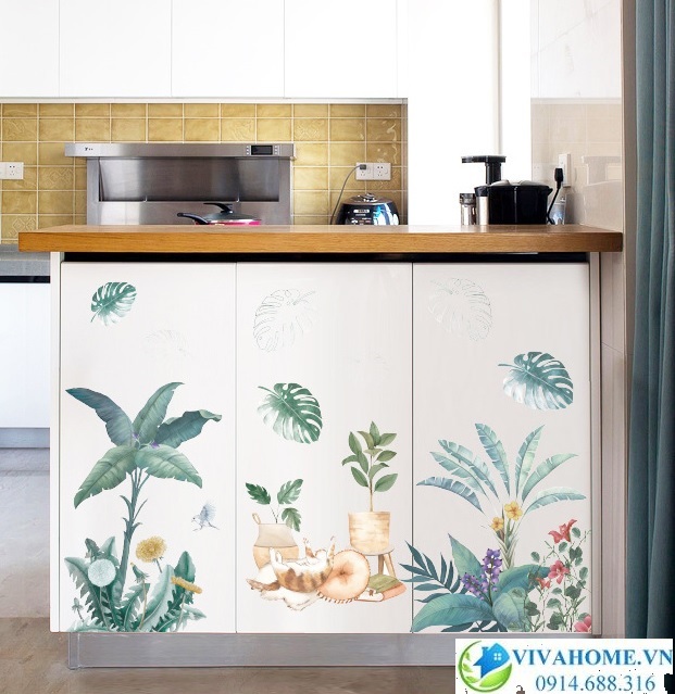 Decal dán tường Tán lá và mèo tinh nghịch