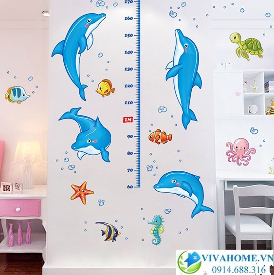 Decal dán tường Thước đo cá heo xanh