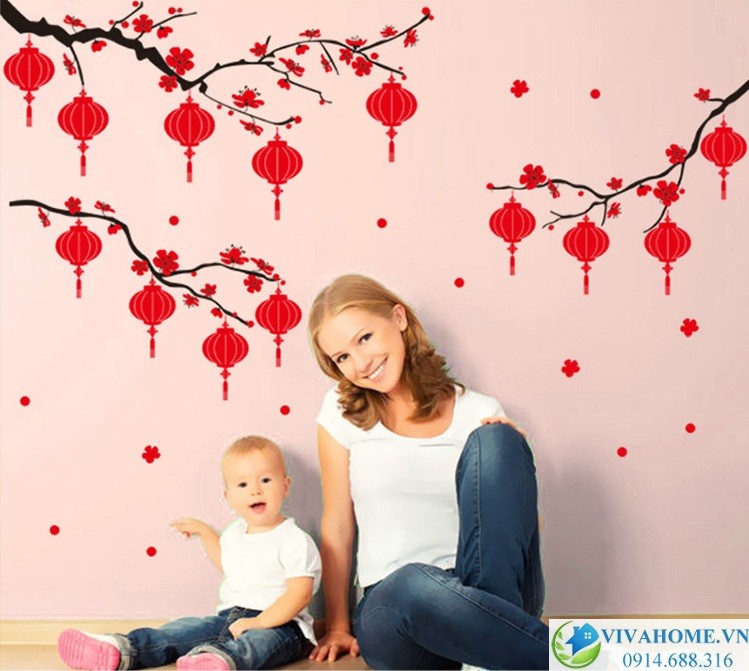 Decal dán tường Ba cành đào