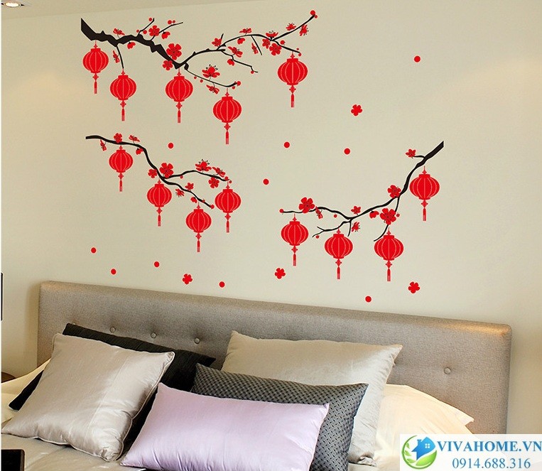 Decal dán tường Ba cành đào