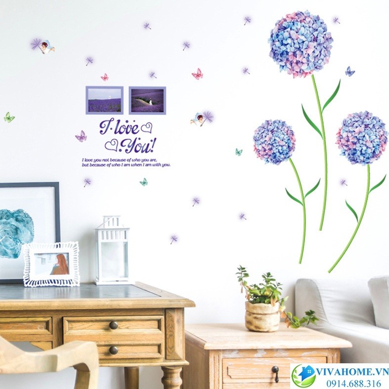Decal dán tường Cẩm tú cầu xanh tròn