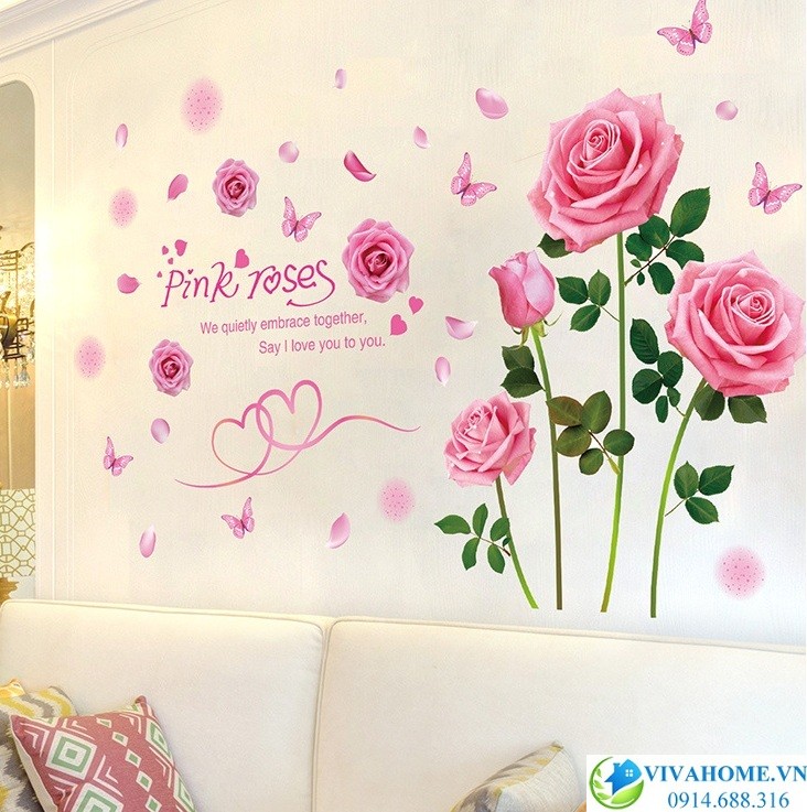 Decal dán tường Bông hồng phấn