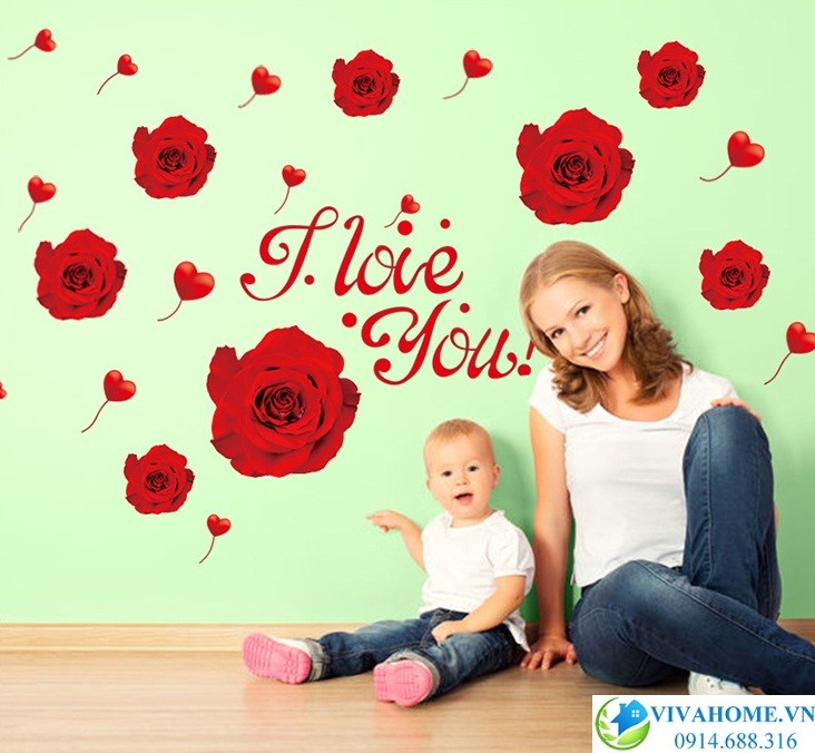 Decal dán tường Hoa hồng nhung trái tim
