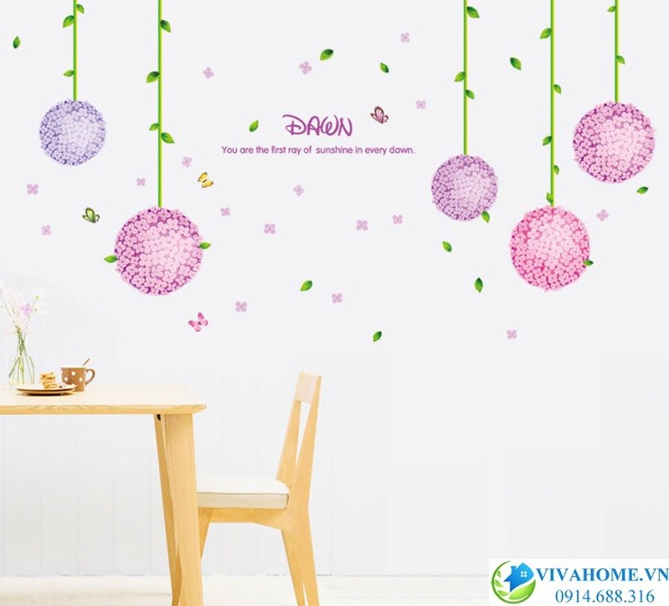 Decal dán tường cẩm tú cầu tròn tím hồng