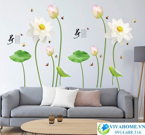 Decal dán tường bộ đôi Hoa sen trắng