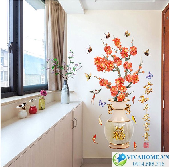 Decal dán tường Bình hoa đào đỏ