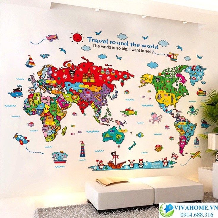 Decal dán tường Bản đồ thế giới du lịch