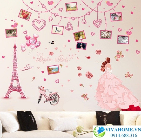 Decal dán tường Paris hồng