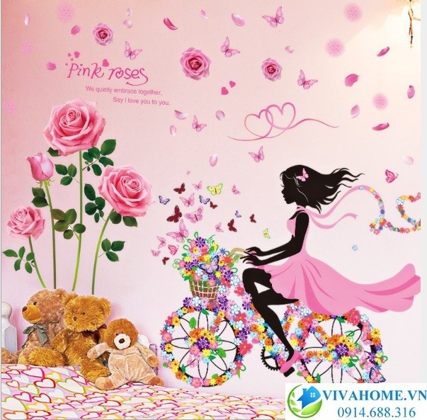 Decal dán tường Cô gái đạp xe hoa hồng