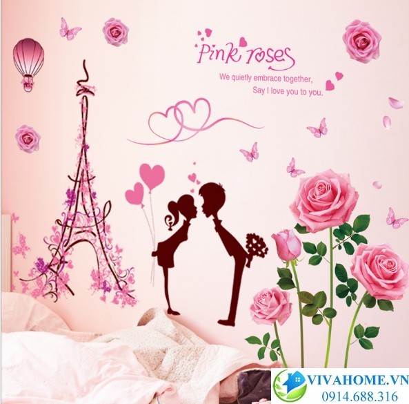 Decal dán tường Uyên ương hoa hồng phấn