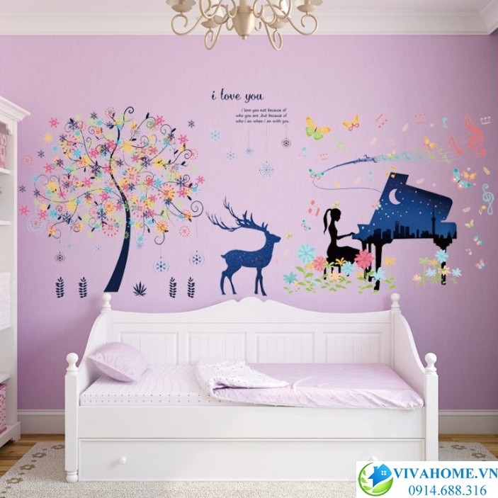 Decal dán tường Bộ 2 Tuần lộc- cô gái đánh đàn