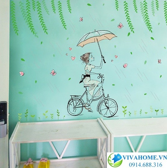 Decal dán tường Cô gái đạp xe dưới mưa