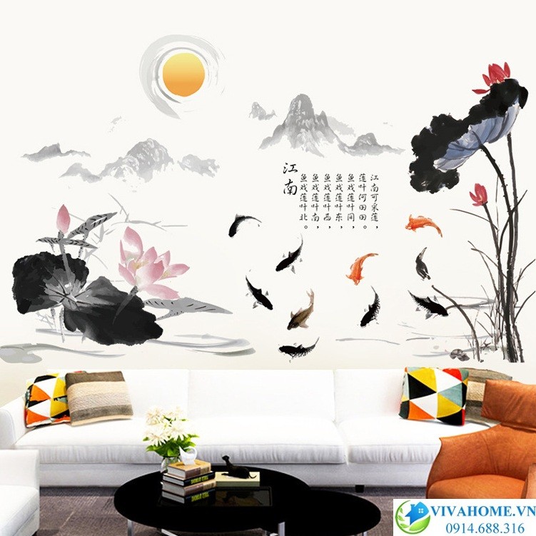 Decal dán tường Thủy mặc trăng vàng